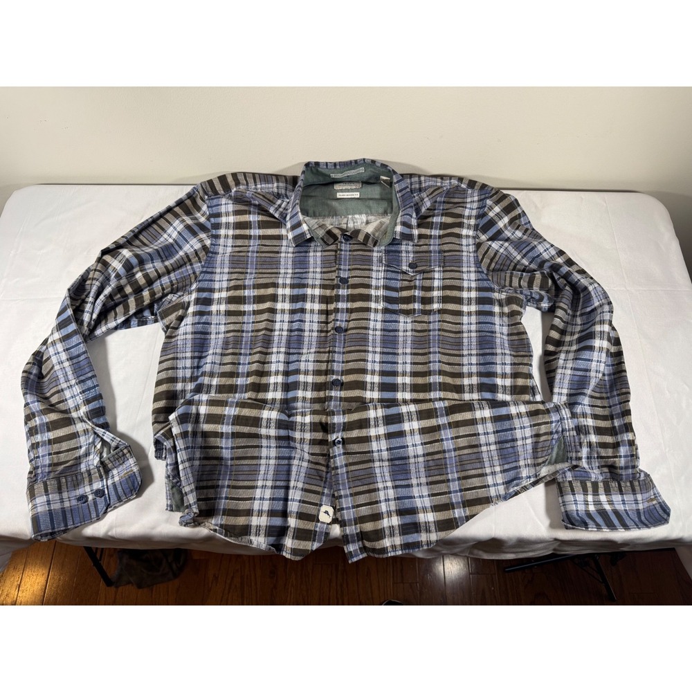 Tommy Bahama Jeans Mens XL Plaid Button Down Shirt Island Modern Fit Blue Brown